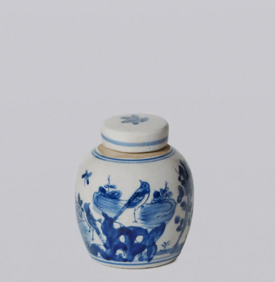 Blue and White Porcelain Mini Bird and Flower Round Jar - LaFayes