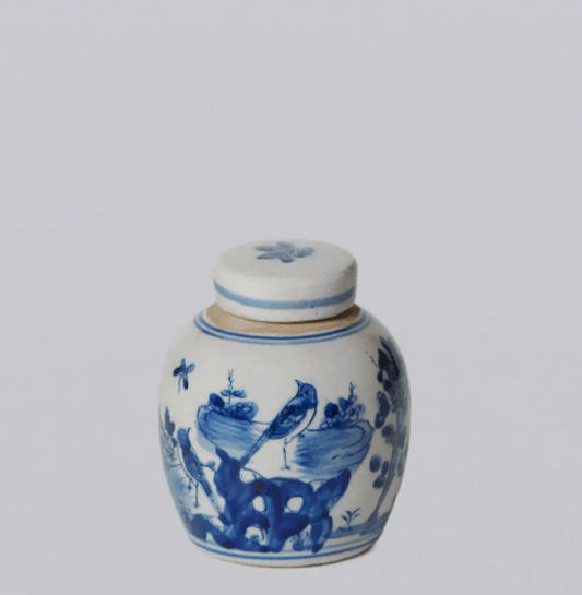 Blue and White Porcelain Mini Bird and Flower Round Jar - LaFayes