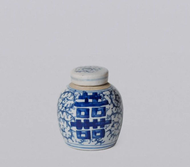 Blue and White Porcelain Mini Double Happiness Round Jar - LaFayes