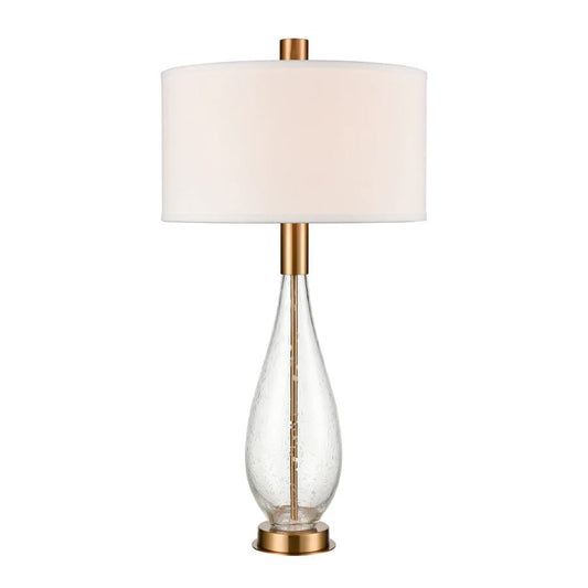 Chepstow 36″ Clear Bubble Glass Table Lamp with Café Brass & White Linen Shade - LaFayes